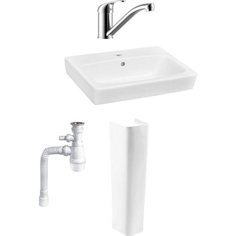 Комплект Раковина Santek Нео 60 + Пьедестал Santek Нео 1.WH30.2.182 белый + Смеситель Rossinka Y Y35-22 + Сифон Wirquin Минор с отводом для стиральной машины