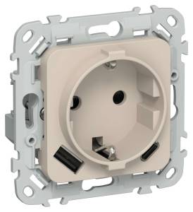 Розетка 1-местная с заземлением, шторками и USB Type A+С IEK Flite FI-R14-16-U22-020-K88 льняной