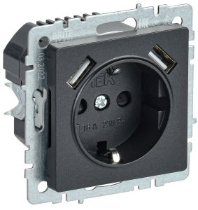 Розетка 1-местная с заземлением, шторками и USB Type A+A IEK Brite BR-R14-16-U21-D31-K02 черный
