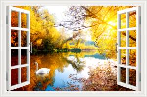 3D Фотообои Artegrafico «Вид из окна на озеро с лебедями» OK-009 песок