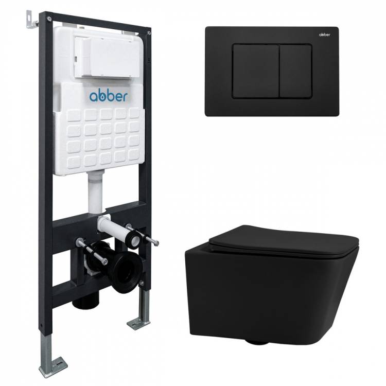 Комплект Abber Rechteck AC1201MB-AC0105-AC0120MB унитаз подвесной, безободковый, сиденье микролифт, черный матовый, кнопка черная матовая