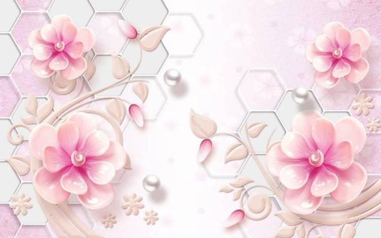 3D Фотообои Artegrafico «Розовые фарфоровые цветы с жемчужинами» RH-117 канвас