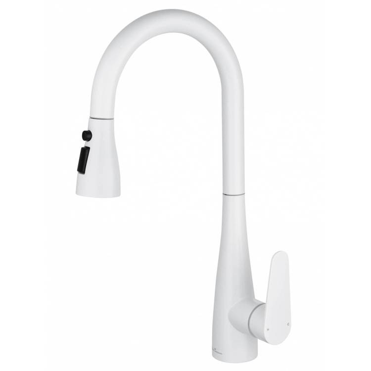 Смеситель для кухни Wonzon & Woghand WW-121E201B-MW с выдвижным изливом, белый матовый