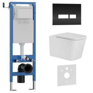 Унитаз с инсталляцией Iberica Blanca Toledo Alto IB.001M.TLA.231.2211 безободковый, с крышкой-сиденьем микролифт, с черной глянцевой кнопкой