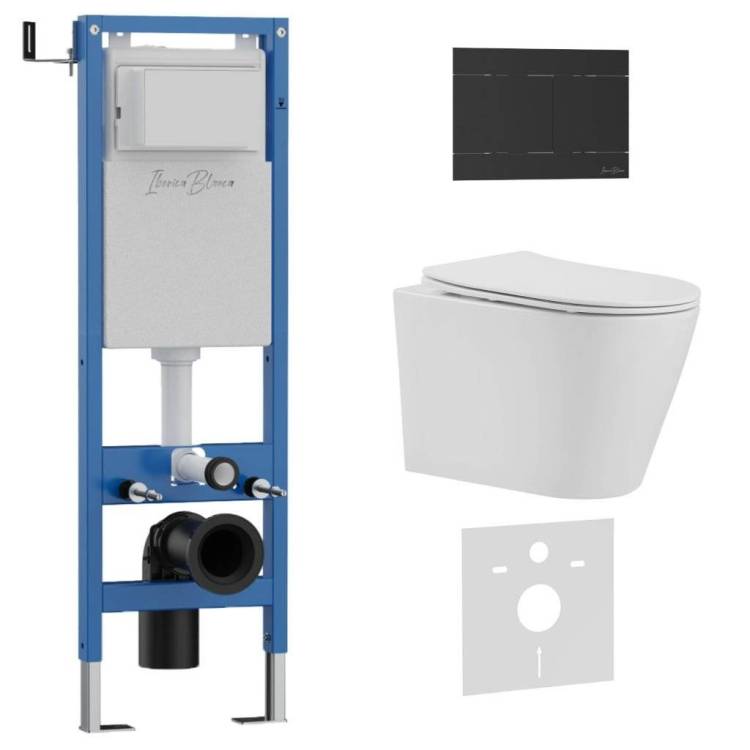Унитаз с инсталляцией Iberica Blanca Burgos Alto IB.001M.BRA.234.1504 безободковый, с крышкой-сиденьем микролифт, с черной матовой кнопкой