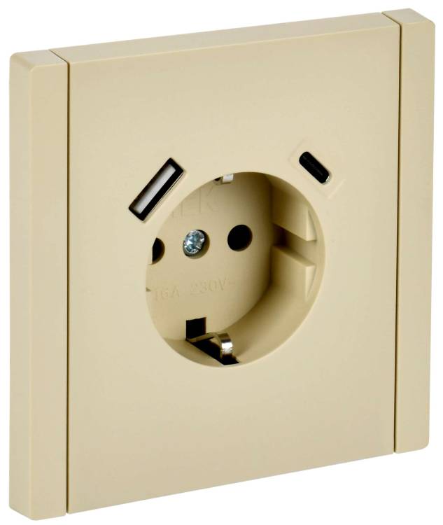 Розетка 1-местная с заземлением, шторками и USB Type A+С IEK Forte&Piano FP-R14-16-U22-018-K10 ваниль
