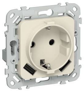 Розетка 1-местная с заземлением, шторками и USB Type A+A IEK Flite FI-R14-16-1-U21-D31-K86 сливочный
