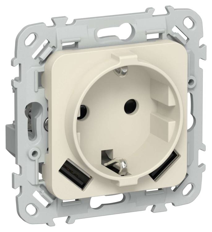 Розетка 1-местная с заземлением, шторками и USB Type A+A IEK Flite FI-R14-16-1-U21-D31-K86 сливочный