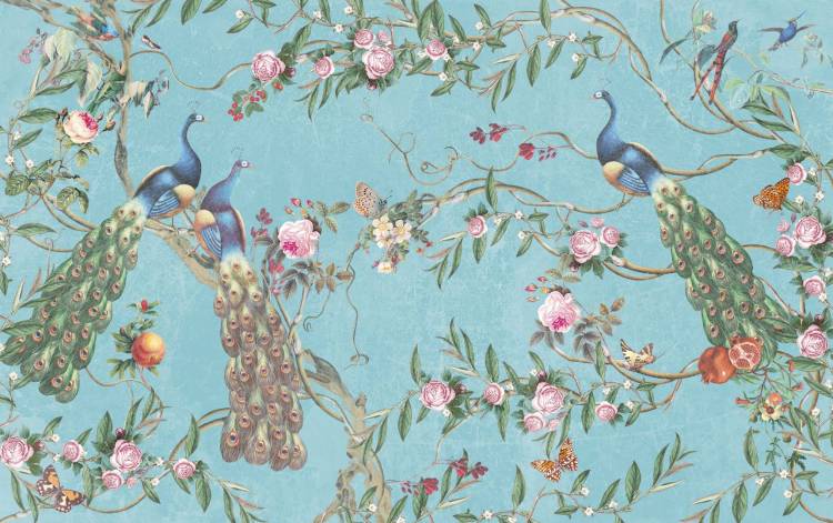 Бесшовные Eco обои Ortograf Flora 31140 Paradise Peacocks light gray sea Гладь ОЕ-Р2