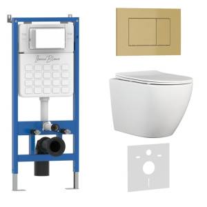 Унитаз с инсталляцией Iberica Blanca Bilbao Alto IB001.BLA.234.854 безободковый, с крышкой-сиденьем микролифт, с кнопкой матовое золото