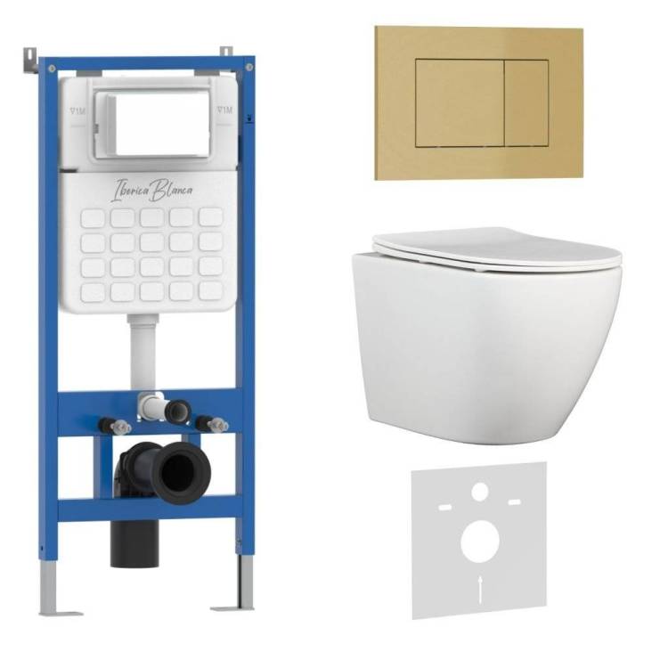 Унитаз с инсталляцией Iberica Blanca Bilbao Alto IB001.BLA.234.854 безободковый, с крышкой-сиденьем микролифт, с кнопкой матовое золото