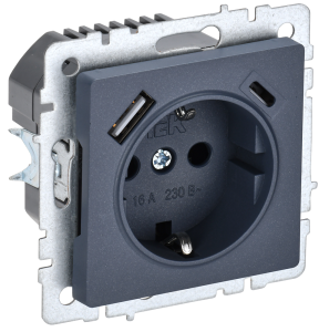 Розетка 1-местная с заземлением, шторками и USB Type A+С IEK Brite BR-R14-16-U22-018-K35 маренго