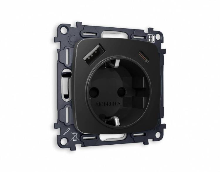 Комплект механизма электрической розетки 2USB A+C 20W (быстрая зарядка) с заземлением Ambrella Volt Omega MO810010