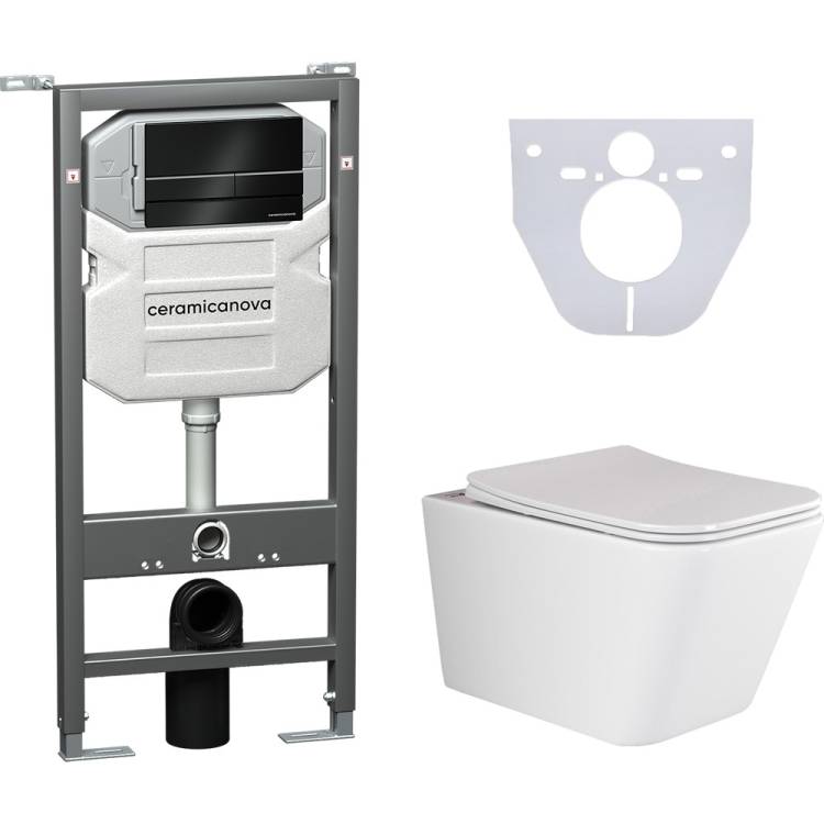 Комплект Унитаз подвесной Ceramica Nova Metric Rimless CN3007 + Инсталляция Envision Flat CN1002B с черной матовой кнопкой