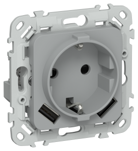 Розетка 1-местная с заземлением, шторками и USB Type A+A IEK Flite FI-R14-16-1-U21-D31-K03 серый