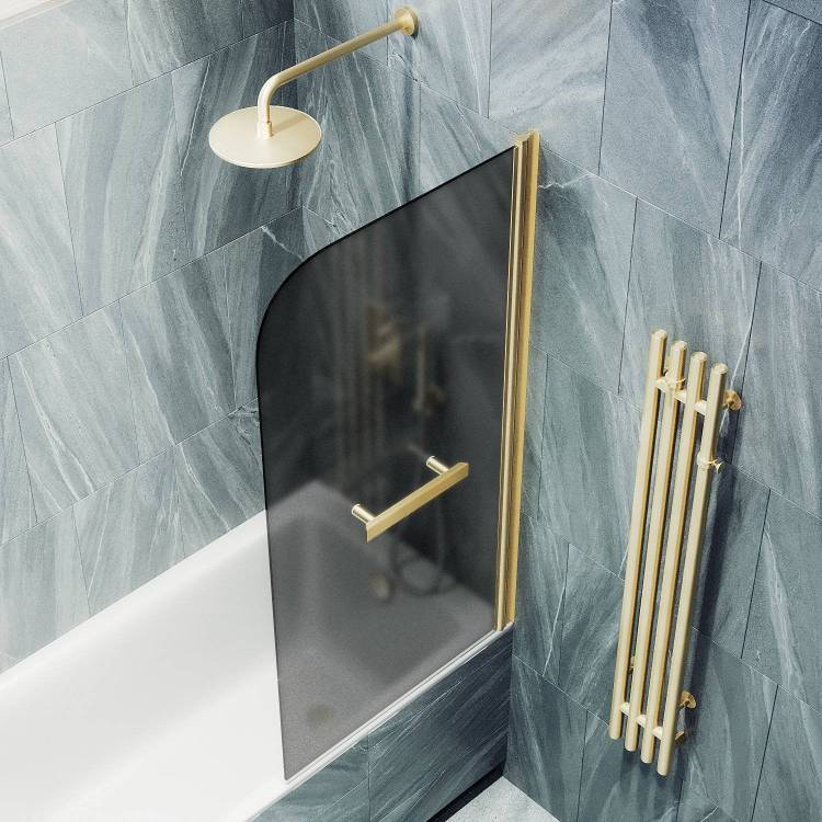 Шторка на ванну MaybahGlass MGV-768-3 40x140, поворотная, стекло графит матовый 6 мм, профиль золото, с полотенцедержателем