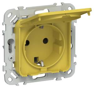 Розетка 1-местная с заземлением, шторками и крышкой IEK Flite FI-R16-16-44-K44 желтый карри