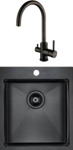 Комплект Paulmark Neckar PM804551-GM вороненая сталь + Смеситель Paulmark Essen Es213211-GM для кухонной мойки, вороненая сталь