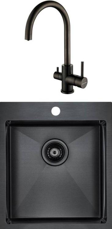 Комплект Paulmark Neckar PM804551-GM вороненая сталь + Смеситель Paulmark Essen Es213211-GM для кухонной мойки, вороненая сталь