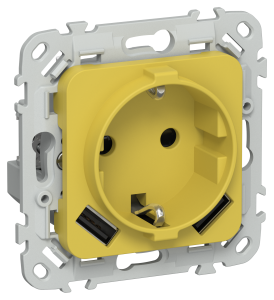 Розетка 1-местная с заземлением, шторками и USB Type A+A IEK Flite FI-R14-16-1-U21-D31-K44 желтый карри