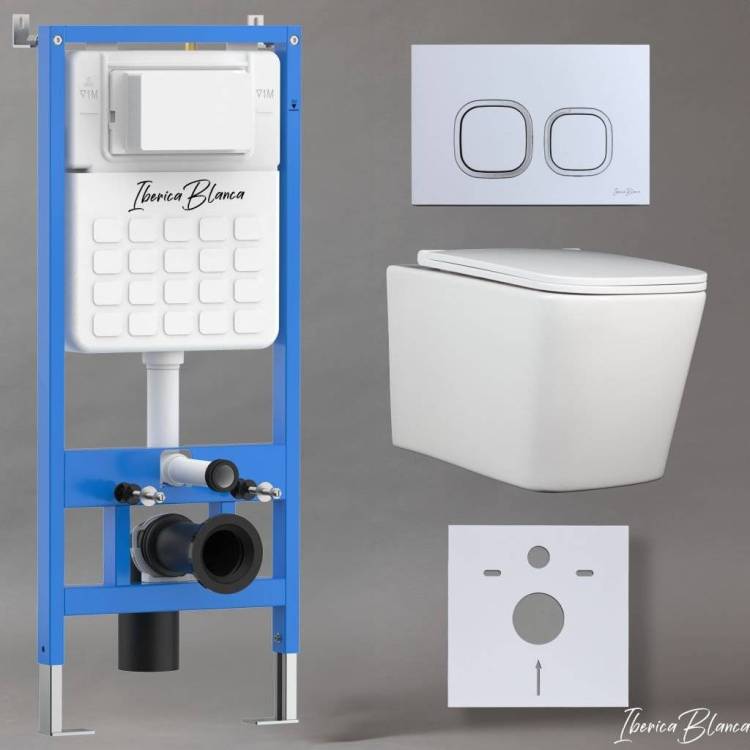 Унитаз с инсталляцией Iberica Blanca Toledo Alto IB001.TLA.231.834 безободковый, с крышкой-сиденьем микролифт, с кнопкой матовый хром