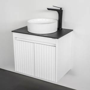 Тумба с раковиной Comforty Двина-60ПД 00-00019069 подвесная, белая матовая со столешницей мрамор Калакатта Блэк