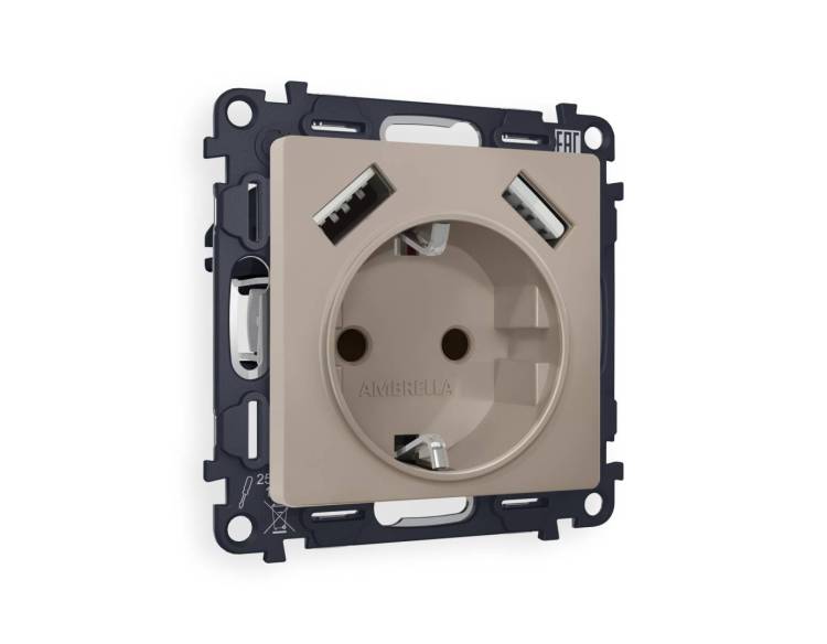 Комплект механизма электрической розетки 2USB A+A 18W (быстрая зарядка) с заземлением Ambrella Volt Alfa MA369010