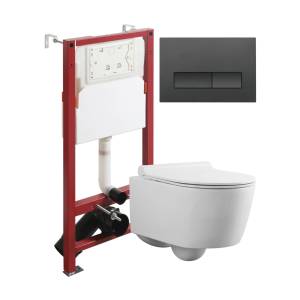 Унитаз с инсталляцией Agger ATI05100+APB244 безободковый, с крышкой-сиденьем микролифт, с кнопкой, кнопка черная