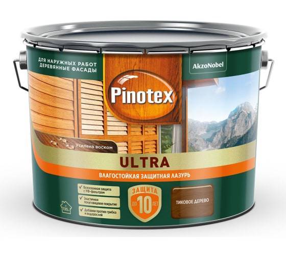 Лазурь защитная влагостойкая для защиты древесины до 10 лет Pinotex Ultra орегон 9 л