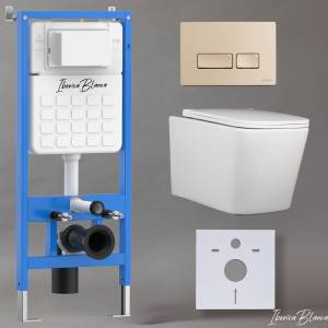 Унитаз с инсталляцией Iberica Blanca Toledo Alto IB001.TLA.231.215 безободковый, с крышкой-сиденьем микролифт, с кнопкой матовое золото