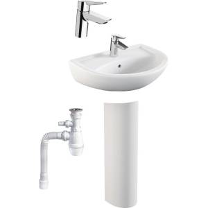 Комплект Раковина Norm Fit 55 см + Пьедестал Norm Fit 6936B099-0156 + Смеситель VitrA Solid S A42440EXP + Сифон Wirquin Минор с отводом для стиральной машины