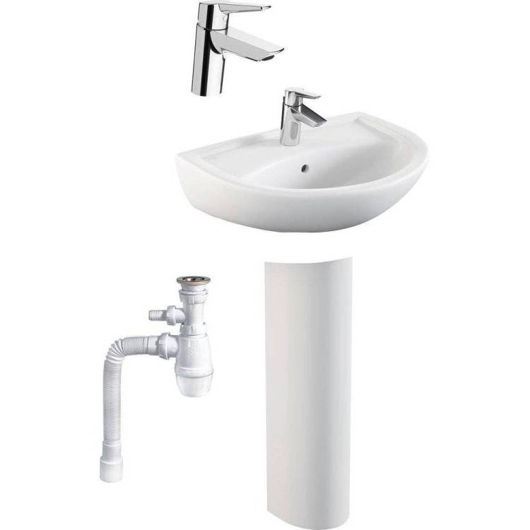 Комплект Раковина Norm Fit 55 см + Пьедестал Norm Fit 6936B099-0156 + Смеситель VitrA Solid S A42440EXP + Сифон Wirquin Минор с отводом для стиральной машины