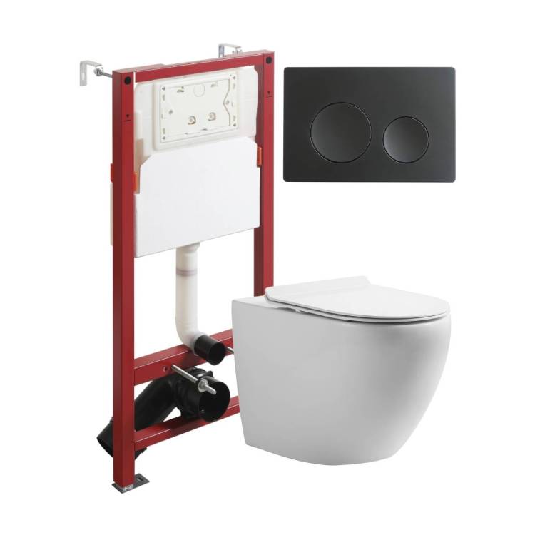 Унитаз с инсталляцией Orange CI07-100W+APB144 безободковый, с крышкой-сиденьем микролифт, с кнопкой, кнопка черная