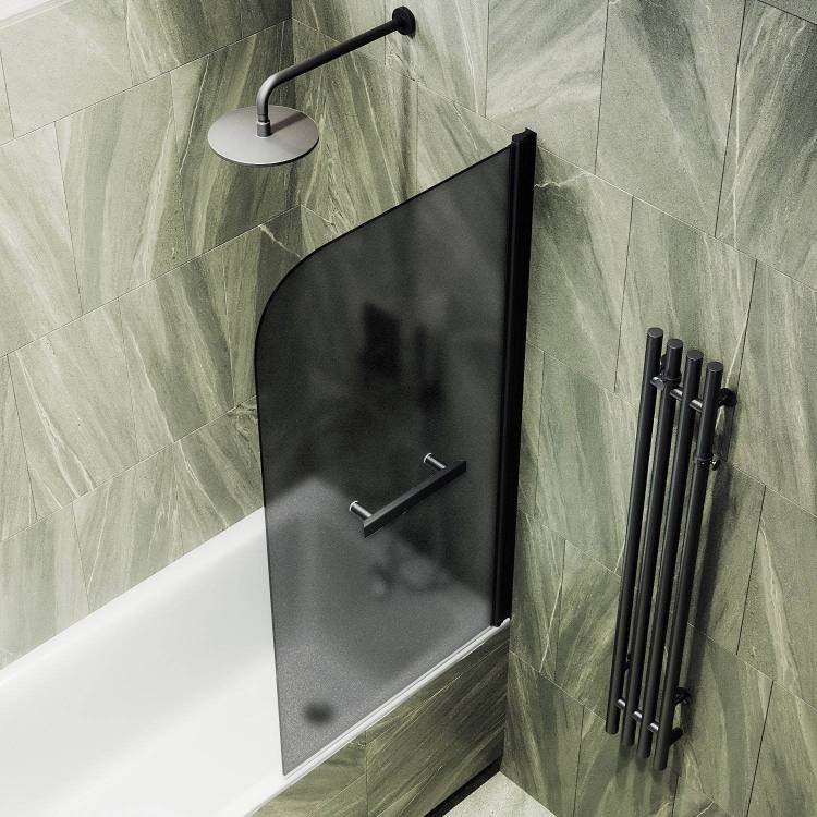 Шторка на ванну MaybahGlass MGV-780-6 60x140, поворотная, стекло графит матовый 6 мм, профиль черный, с полотенцедержателем