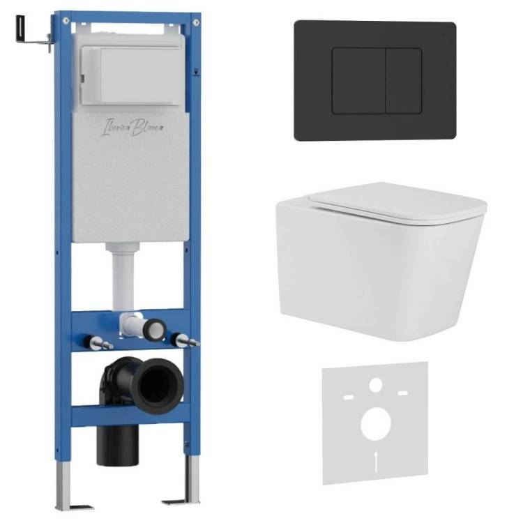 Унитаз с инсталляцией Iberica Blanca Toledo Alto IB.001M.TLA.231.112 безободковый, с крышкой-сиденьем микролифт, с черной матовой кнопкой