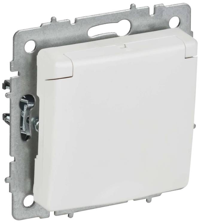 Розетка 1-местная с заземлением, шторками и крышкой IEK Brite BR-R16-16-K91 арктический белый