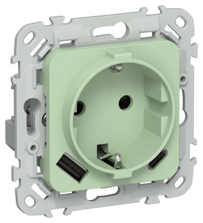 Розетка 1-местная с заземлением, шторками и USB Type A+С IEK Flite FI-R14-16-1-U22-020-K93 фисташковый