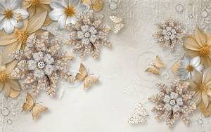 3D Фотообои Artegrafico «Объемные цветы со стразами и бабочками» RH-001 акварель