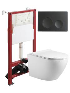 Унитаз с инсталляцией Agger ATI09150L+APB144 безободковый, с крышкой-сиденьем микролифт, с черной кнопкой