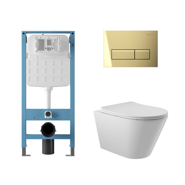 Комплект Aqueduto Tecnica Novo AQDS251 унитаз подвесной, сиденье микролифт, кнопка золотая