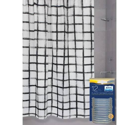 Штора для ванной Bath Plus Squares akch18116 с кольцами, 180x200, белый, черный