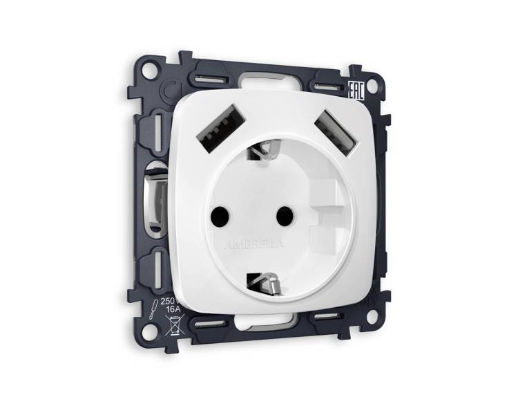 Комплект механизма электрической розетки 2USB A+A 18W (быстрая зарядка) с заземлением Ambrella Volt Omega MO129010