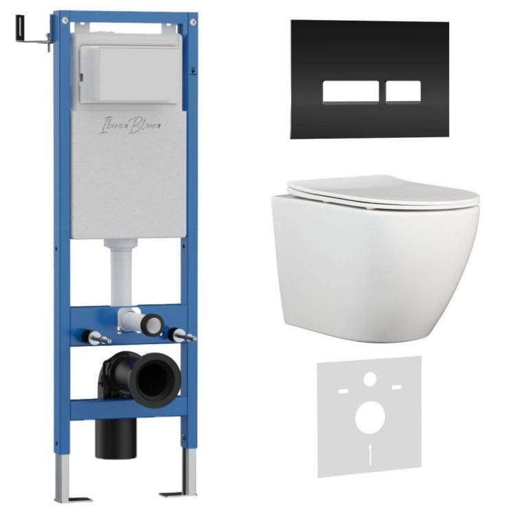 Комплект Iberica Blanca Bilbao Alto IB.001M.BLA.231.2211 унитаз безободковый, белый, сиденье микролифт, клавиша смыва черный глянцевый