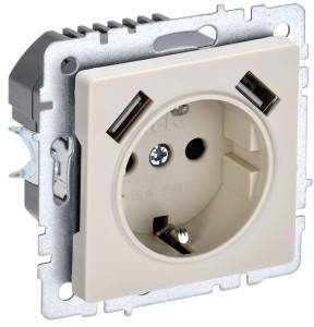 Розетка 1-местная с заземлением, шторками и USB Type A+A IEK Brite BR-R14-16-U21-D21-K10 бежевый