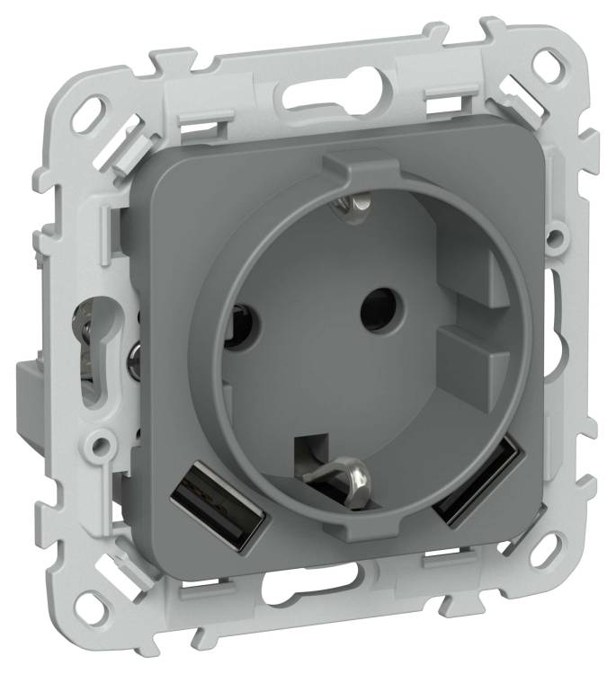 Розетка 1-местная с заземлением, шторками и USB Type A+A IEK Flite FI-R14-16-1-U21-D31-K80 мокрый асфальт