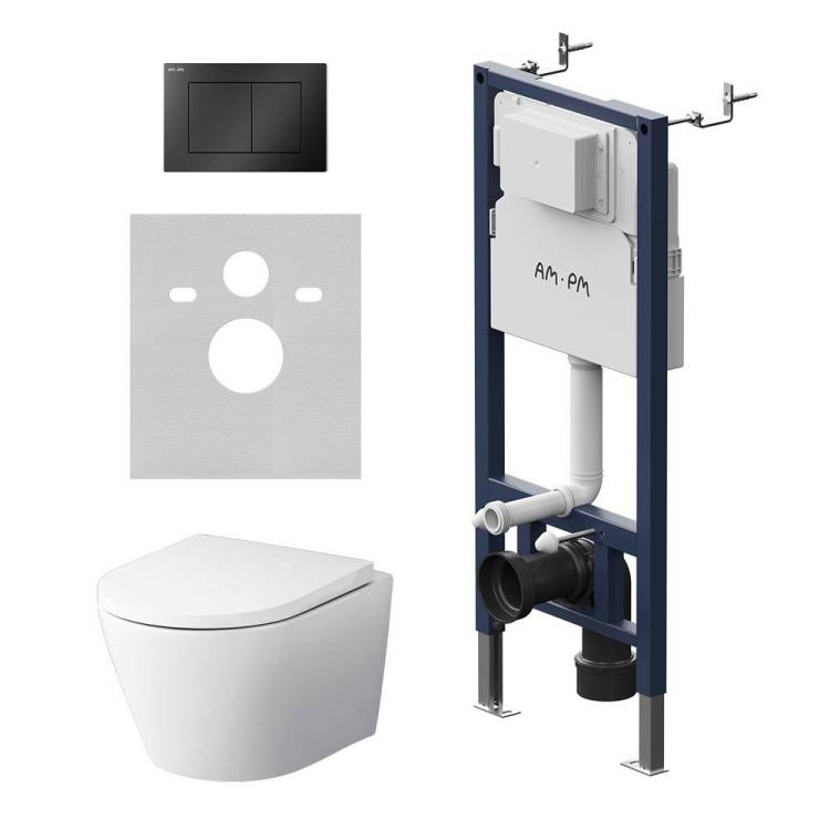 Унитаз с инсталляцией Am.Pm X-Joy IS90238.851900 безободковый, сиденье микролифт, клавиша черная матовая