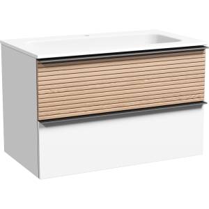 Тумба под раковину Sancos Delta DL80W 790х445х500, c двумя ящиками Soft close, ручки чёрные, дуб светлый/белый