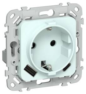 Розетка 1-местная с заземлением, шторками и USB Type A+С IEK Flite FI-R14-16-1-U22-020-K94 холодный лед