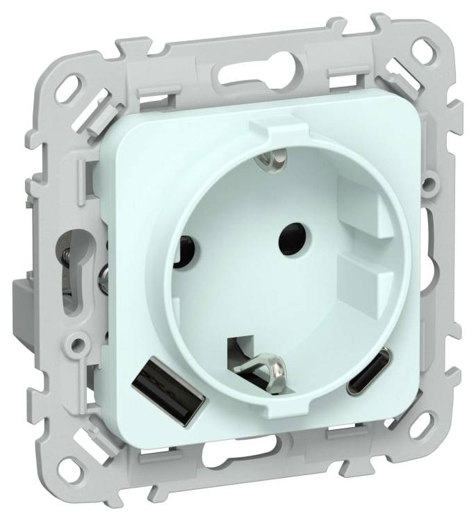 Розетка 1-местная с заземлением, шторками и USB Type A+С IEK Flite FI-R14-16-1-U22-020-K94 холодный лед