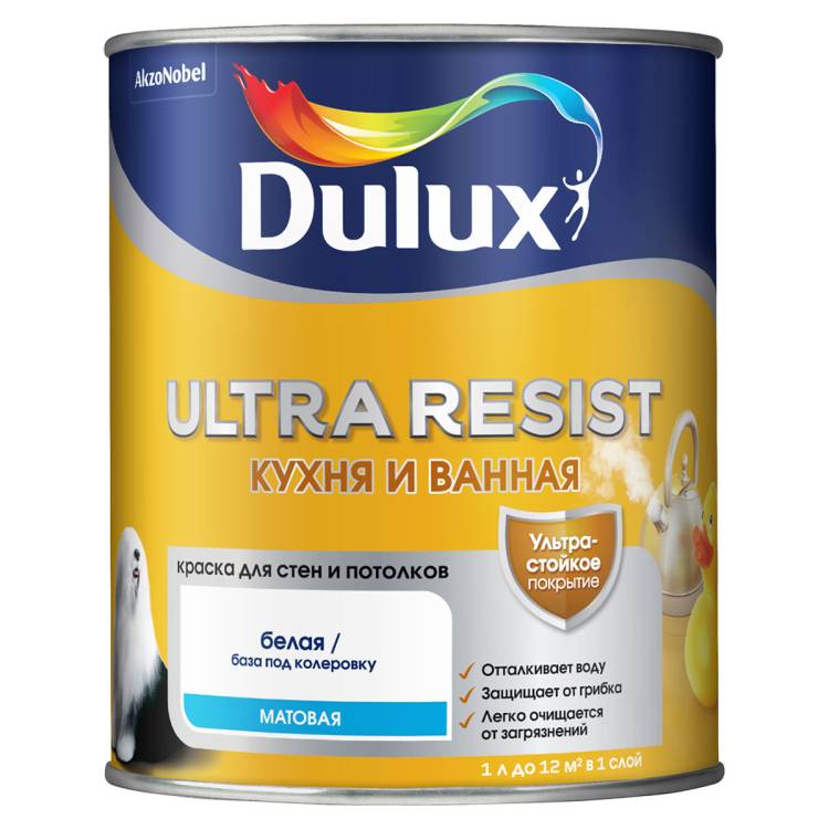 Краска латексная Dulux Ultra Resist Для Кухни и Ванной полуматовая база BC 0.9 л